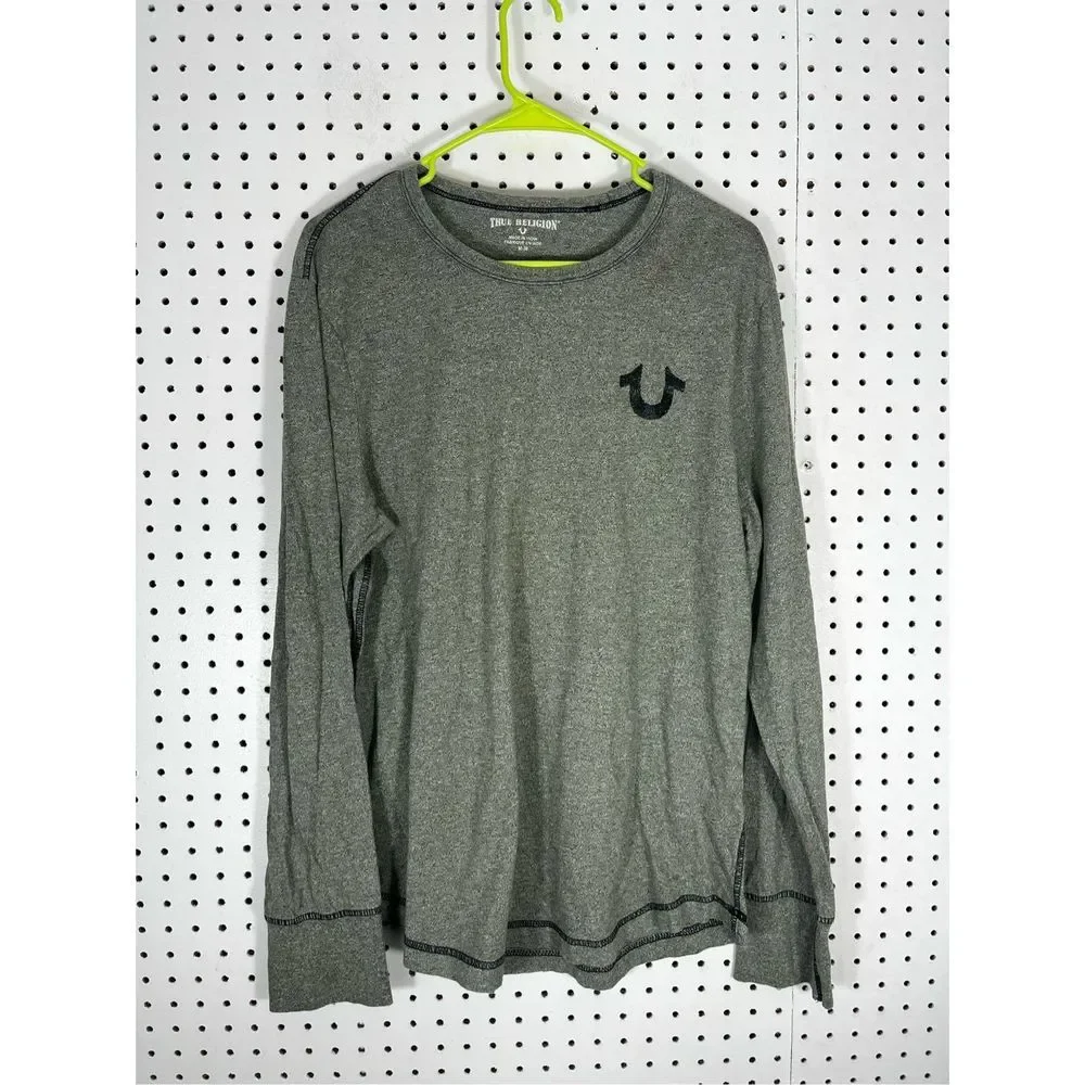 True Religion Men's Long Sleeve Shirt in Heather Gray with Black Logo